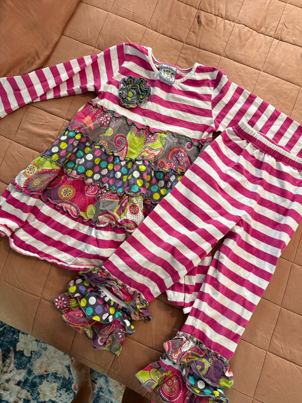 Girls Pink & White Stripe Ruffle dress and pants set